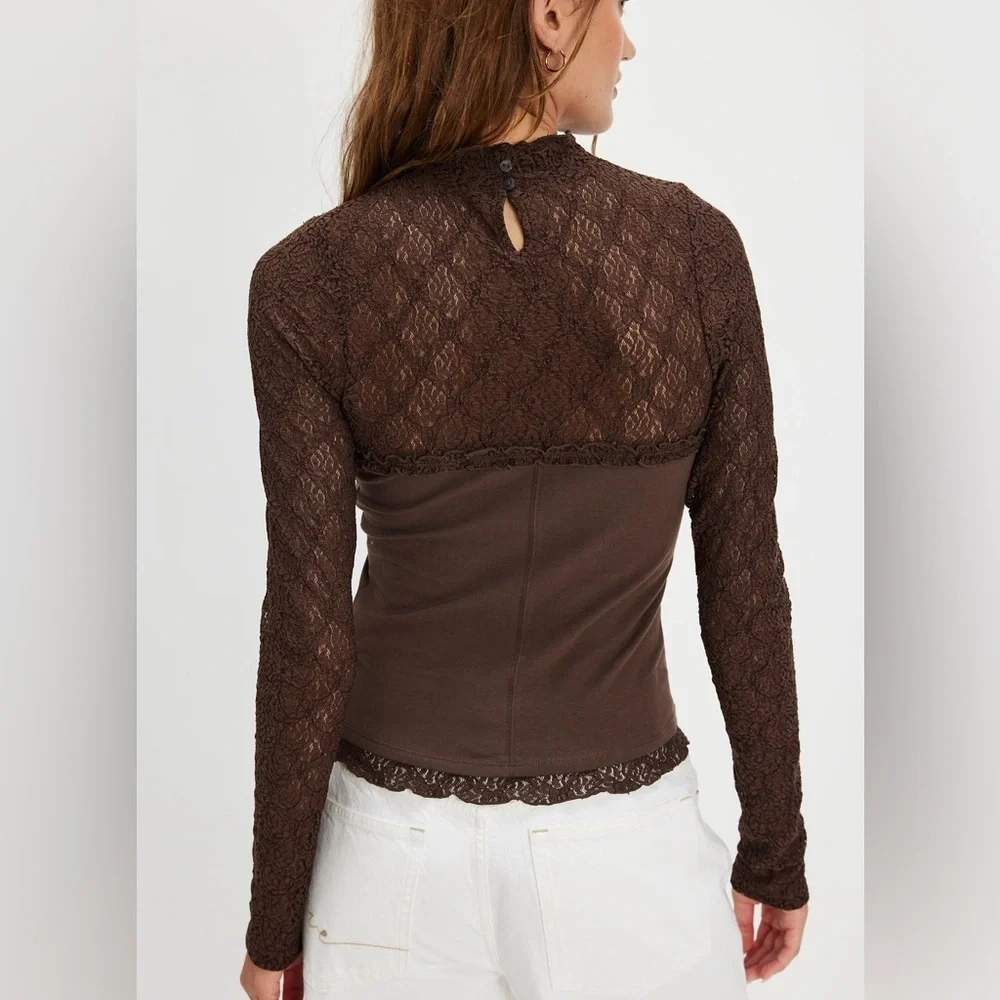 Free People Miya Lace Top in Double Espresso NWT Size XS